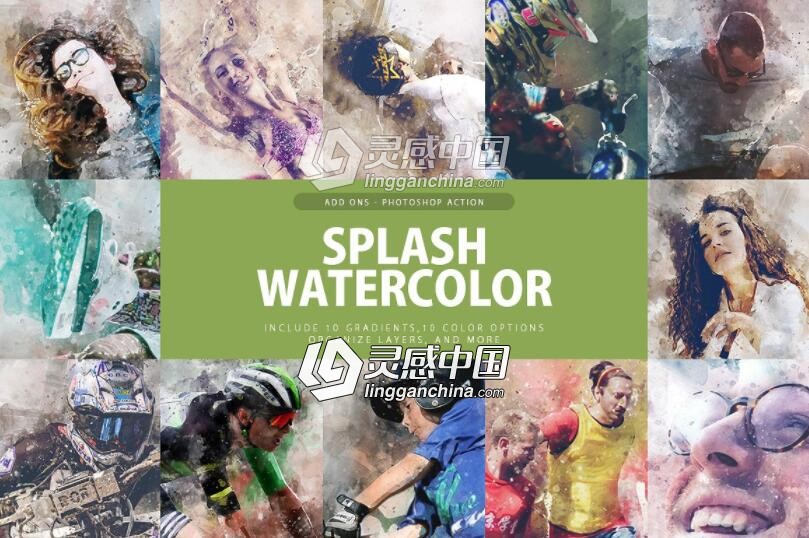 水彩泼溅广告海报特效PS动作 Splash Watercolor Action 附视频教程  灵感中国网 www.lingganchina.com