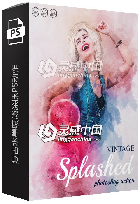 复古水墨喷溅涂抹PS动作 Vintage Splashed Photoshop Action  灵感中国网 www.lingganchina.com