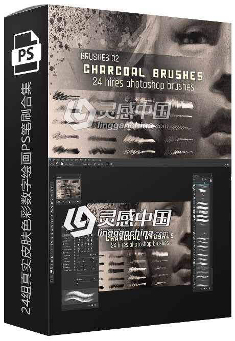 24组真实皮肤色彩数字绘画PS笔刷合集 Realistic Charcoal Photoshop Brushes  灵感中国网 www.lingganchina.com