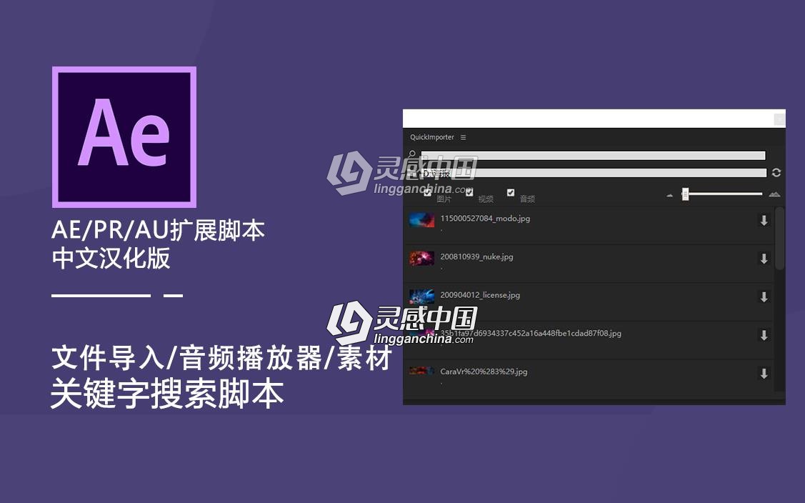 文件素材快速导入浏览中文汉化版AE/PR/AU扩展脚本AEscripts Quickimporter V1.5.003  灵感中国网 www.lingganchina.com