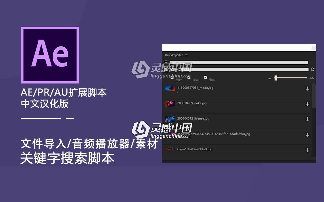 文件素材快速导入浏览中文汉化版AE/PR/AU扩展脚本AEscripts Quickimporter V1.5.003  灵感中国社区 www.lingganchina.com
