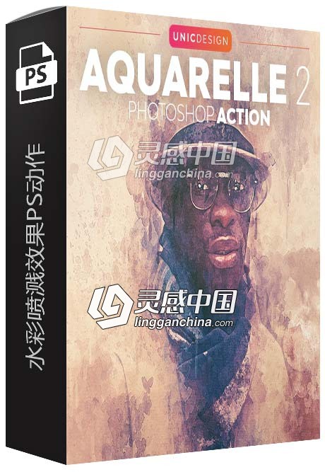 水彩喷溅效果PS动作 Aquarelle 2 Photoshop Action 附视频教程  灵感中国网 www.lingganchina.com