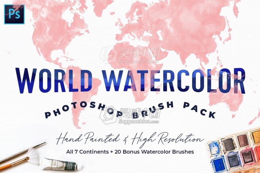 世界地图水彩PS笔刷包 World Watercolor PS Brush Pack  灵感中国社区 www.lingganchina.com