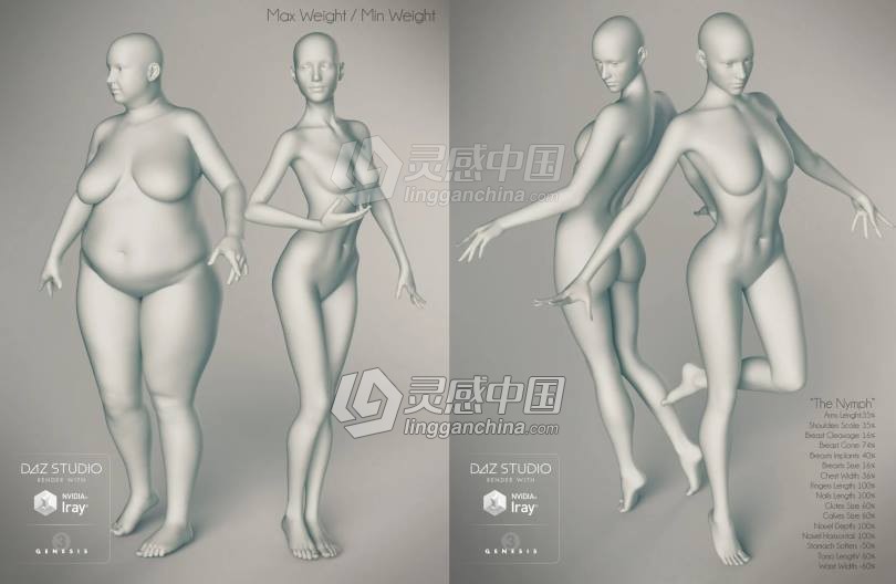 Genesis 3 Female女性身体头部面部等DAZ3D基础模型  灵感中国网 www.lingganchina.com