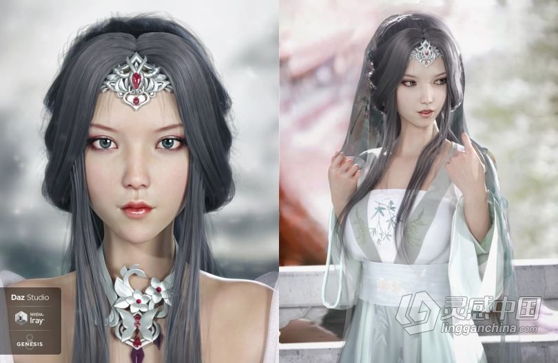古风美女东方亚洲3D模型合集 Ruyun and Ruyun Hair for Genesis 8 Female(s)  灵感中国网 www.lingganchina.com