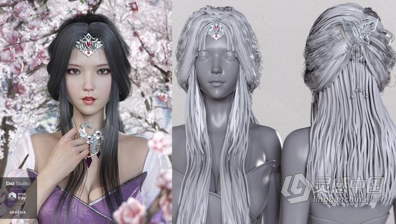 古风美女东方亚洲3D模型合集 Ruyun and Ruyun Hair for Genesis 8 Female(s)  灵感中国网 www.lingganchina.com