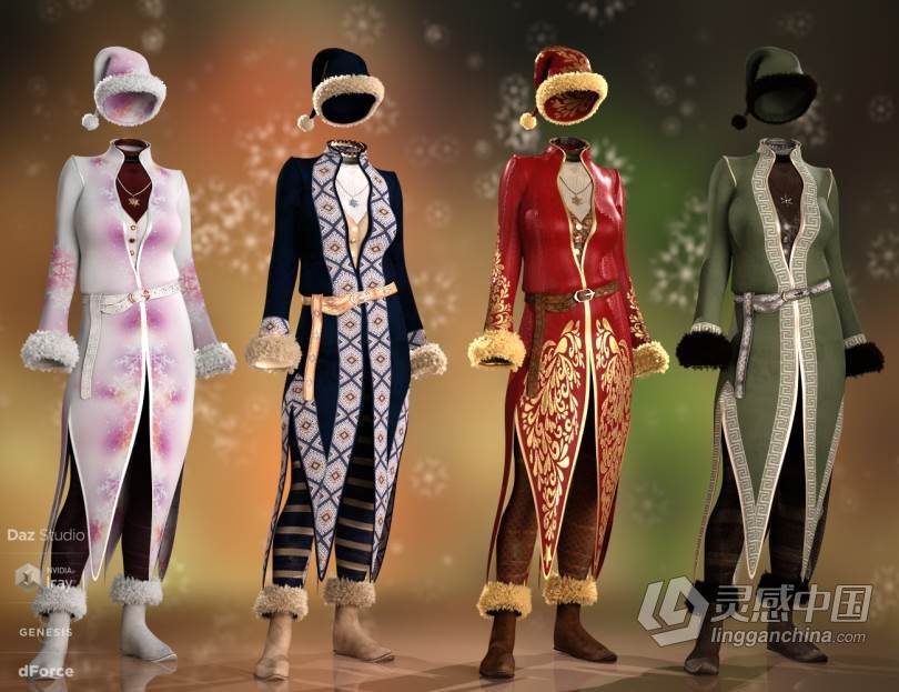 圣诞节主题风格节日气氛人物服饰套装3D模型合集 dForce Evergreens Female Outfit Textures  灵感中国网 www.lingganchina.com