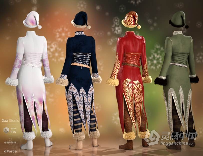 圣诞节主题风格节日气氛人物服饰套装3D模型合集 dForce Evergreens Female Outfit Textures  灵感中国社区 www.lingganchina.com