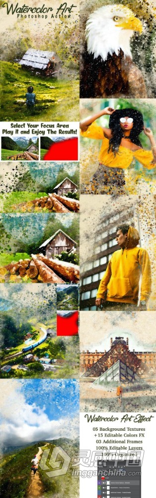 水彩艺术绘画Photoshop动作 Watercolor Art Photoshop Action  灵感中国网 www.lingganchina.com