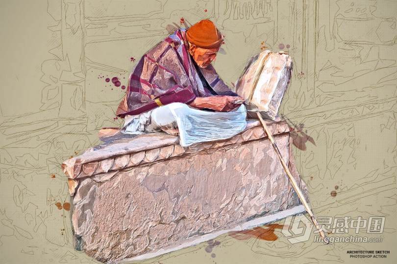 建筑素描绘画Photoshop动作 Architecture Sketch Photoshop Action 附视频教程  灵感中国网 www.lingganchina.com