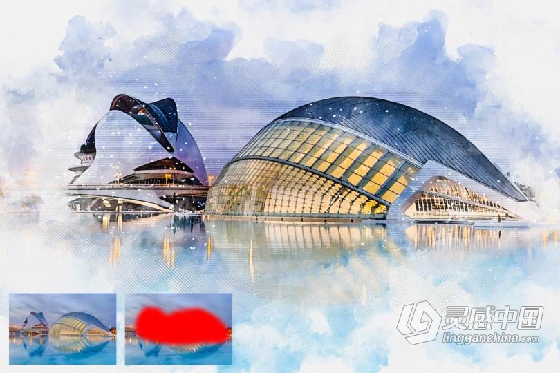 建筑水彩绘画Photoshop动作 Architecture Watercolor Photoshop Action  灵感中国网 www.lingganchina.com