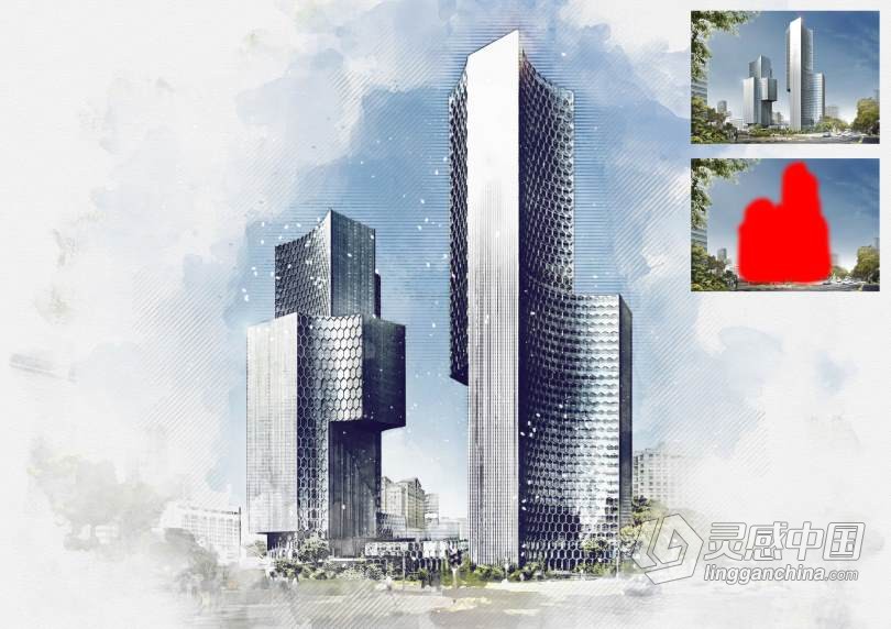建筑水彩绘画Photoshop动作 Architecture Watercolor Photoshop Action  灵感中国网 www.lingganchina.com