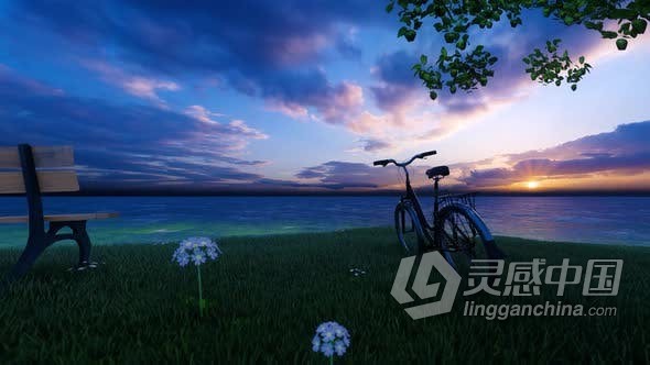 日落岛屿河边树下单车场景背景视频素材 Realastic Scene 2k  灵感中国网 www.lingganchina.com