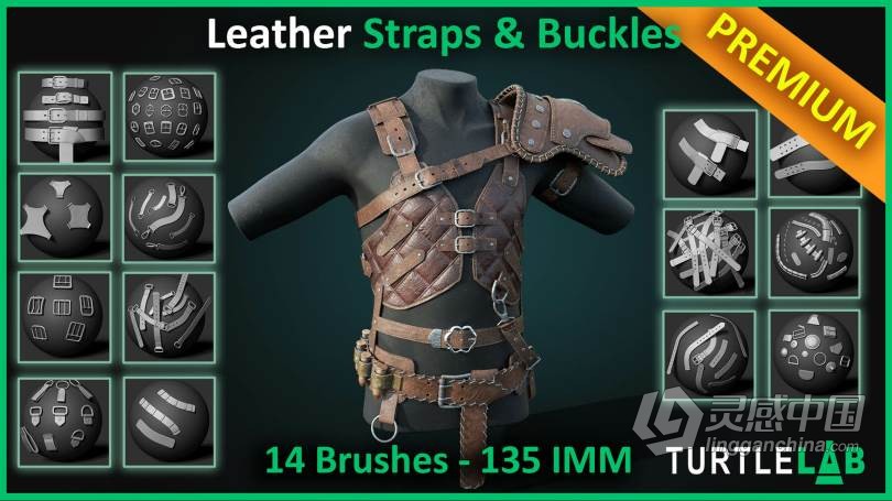 27组服饰衣服带扣卡扣雕刻细节Zbrush笔刷合集 ULTIMATE Strap &amp; Buckles  灵感中国网 www.lingganchina.com