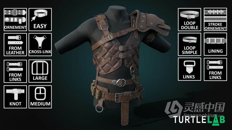 27组服饰衣服带扣卡扣雕刻细节Zbrush笔刷合集 ULTIMATE Strap &amp; Buckles  灵感中国网 www.lingganchina.com