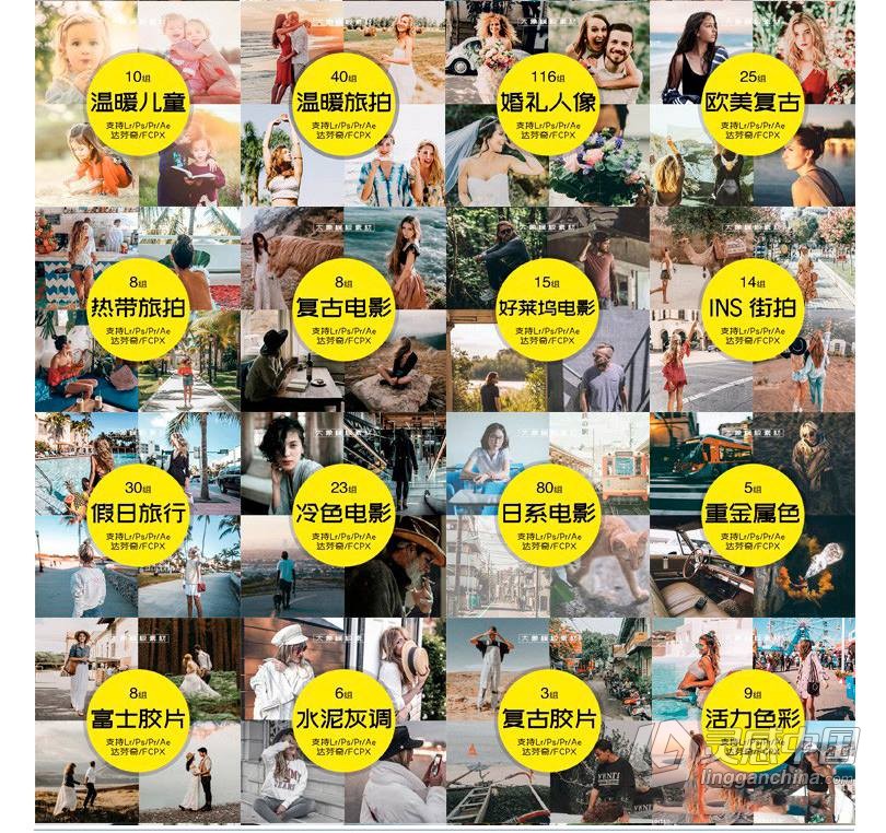 Lr预设100套人像婚礼风光影视后期调色PR/PS/FCPX/达芬奇/AE/LUT  灵感中国网 www.lingganchina.com