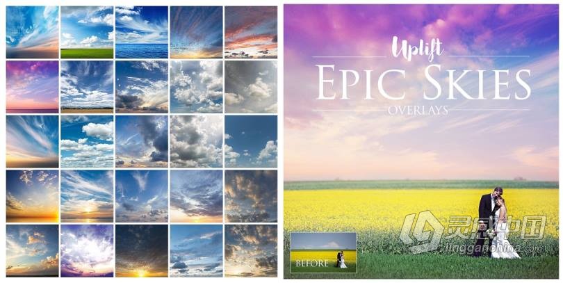 一键换天空-婚纱大片替PS动作+教程 EPIC Skies Cloud Overlays Action  灵感中国网 www.lingganchina.com