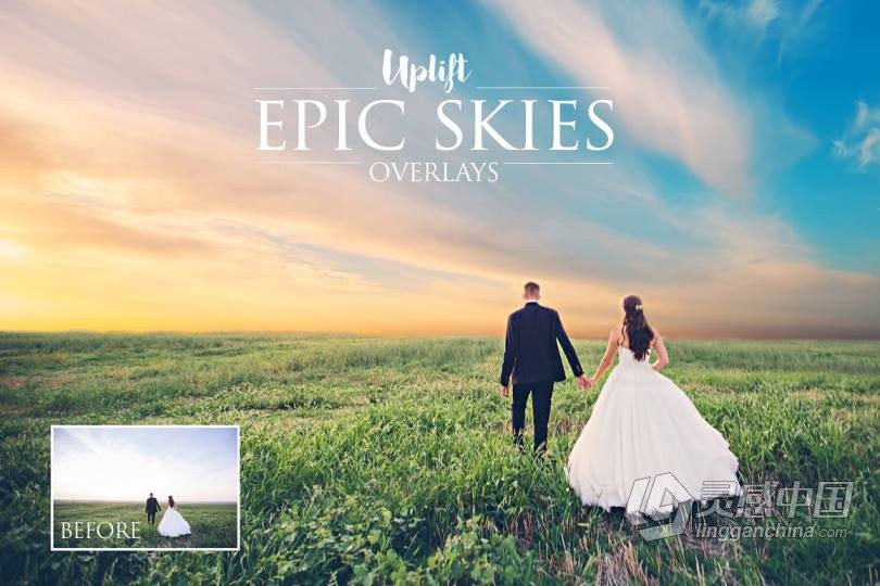 一键换天空-婚纱大片替PS动作+教程 EPIC Skies Cloud Overlays Action  灵感中国网 www.lingganchina.com
