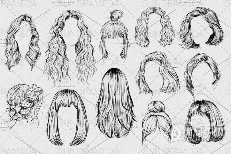 24种时尚人像发型Procreate画笔笔刷下 24 Hairstyle Stamp Brushes Procreate 附教程  灵感中国网 www.lingganchina.com