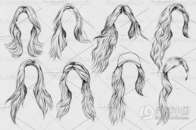 24种时尚人像发型Procreate画笔笔刷下 24 Hairstyle Stamp Brushes Procreate 附教程  灵感中国网 www.lingganchina.com