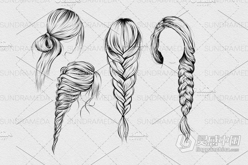 24种时尚人像发型Procreate画笔笔刷下 24 Hairstyle Stamp Brushes Procreate 附教程  灵感中国网 www.lingganchina.com