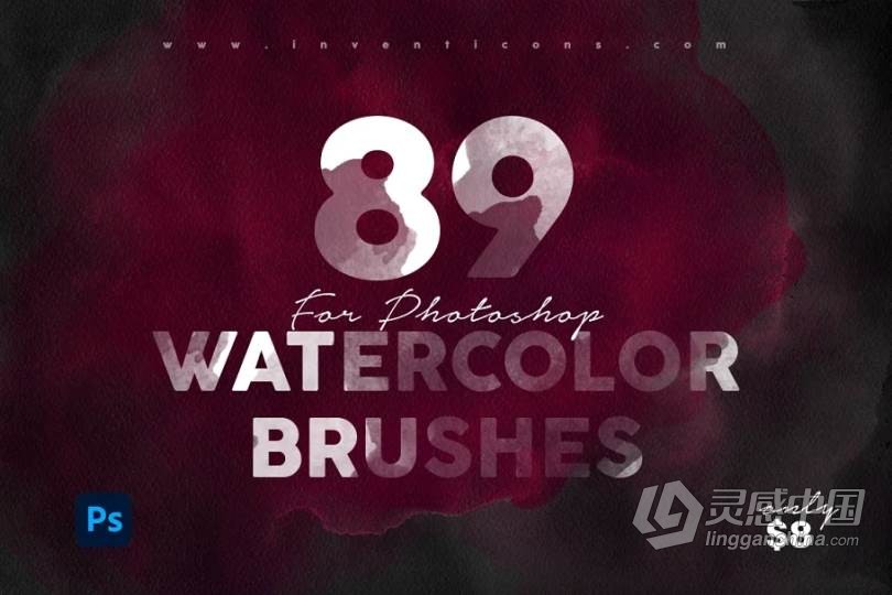 89个数字水彩画Photoshop笔刷打包用于产品广告海报T恤设计 89 Watercolour photoshop Brushes  灵感中国网 www.lingganchina.com