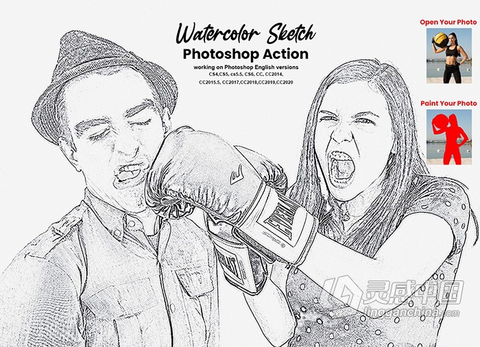 水彩素描写实铅笔画PS动作 Watercolor Sketch Photoshop Action  灵感中国网 www.lingganchina.com
