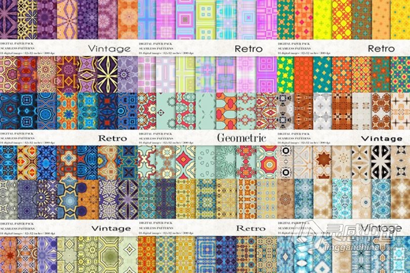 266个复古无缝图案元素背景素材合集 Vintage Retro Patterns Bundle  灵感中国网 www.lingganchina.com