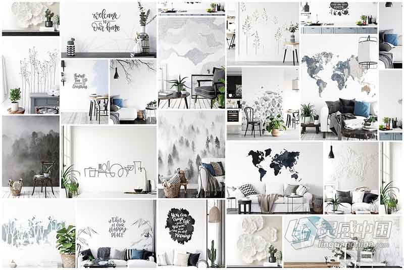 室内装饰墙壁相框框架PSD样机模型包 Frames &amp; Walls Scandinavian Bundle-3  灵感中国网 www.lingganchina.com