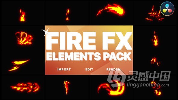 达芬奇模板 Flash FX 12组卡通燃烧火焰元素图形动画视频 DaVinci Resolve模板 工程 文件  灵感中国网 www.lingganchina.com