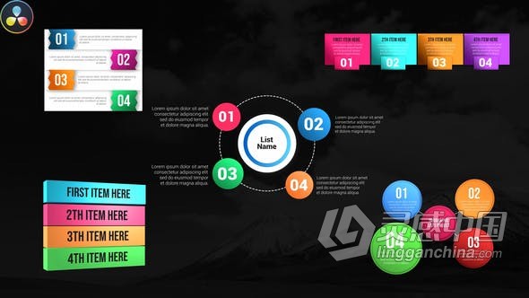 达芬奇模板 5组信息图表图形列表介绍分析动画 DaVinci Resolve模板 工程 文件  灵感中国网 www.lingganchina.com