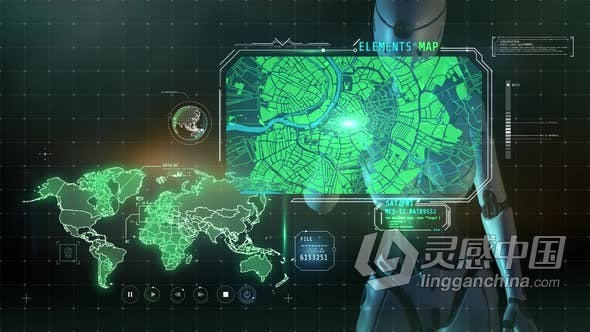 视频素材 开发操作系统机器人操作虚拟仪表盘上使用UI地图动画视频素材下载  灵感中国网 www.lingganchina.com