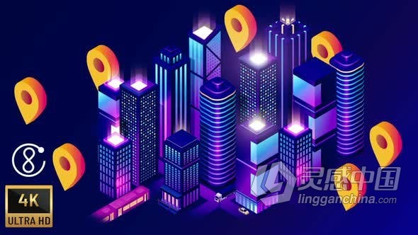 视频素材 卡通图形未来城市动画汽车驾驶定位动画4K背景视频素材下载  灵感中国网 www.lingganchina.com