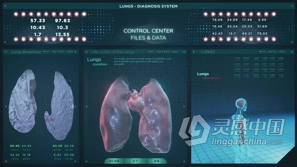 视频素材 肺部诊断系统医学健康科学身体屏幕疾病全息图动画视频素材下载  灵感中国网 www.lingganchina.com