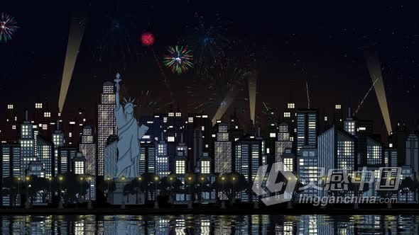 视频素材 卡通剪影晚上城市烟花动画背景视频素材视频素材下载  灵感中国网 www.lingganchina.com