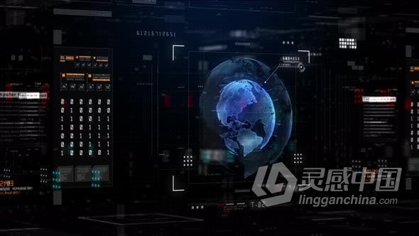 视频素材 技术网络数据连接数字网络安全HUD未来全球背景4K视频素材下载  灵感中国网 www.lingganchina.com