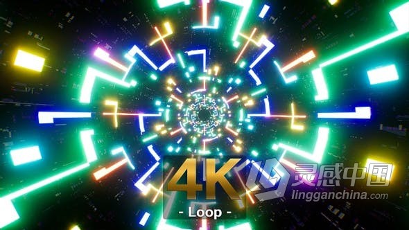 视频素材 抽象彩色锯齿形迷宫隧道发光背景VJ素材4K视频素材下载  灵感中国网 www.lingganchina.com