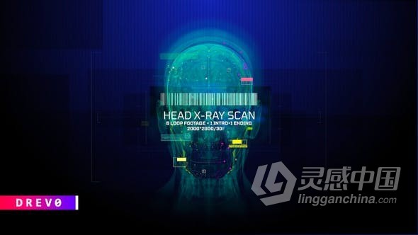 视频素材 头部X光扫描MRI磁共振成像医疗健康HUD大脑颅骨x射线全息镜头视频素材下载  灵感中国网 www.lingganchina.com