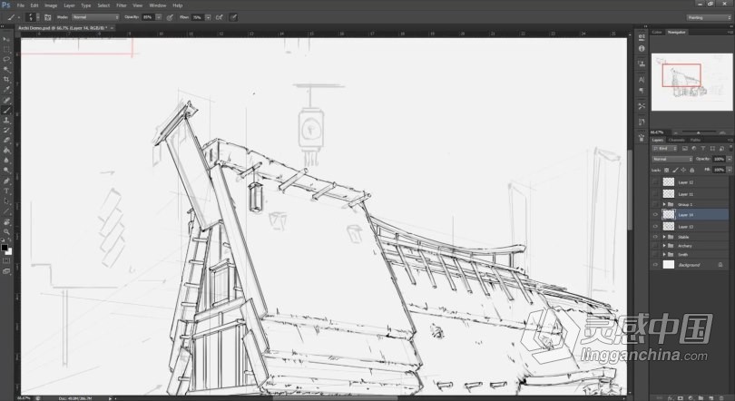 PS教程 PS初学者建筑素描线稿绘制工作流程视频教程  灵感中国网 www.lingganchina.com