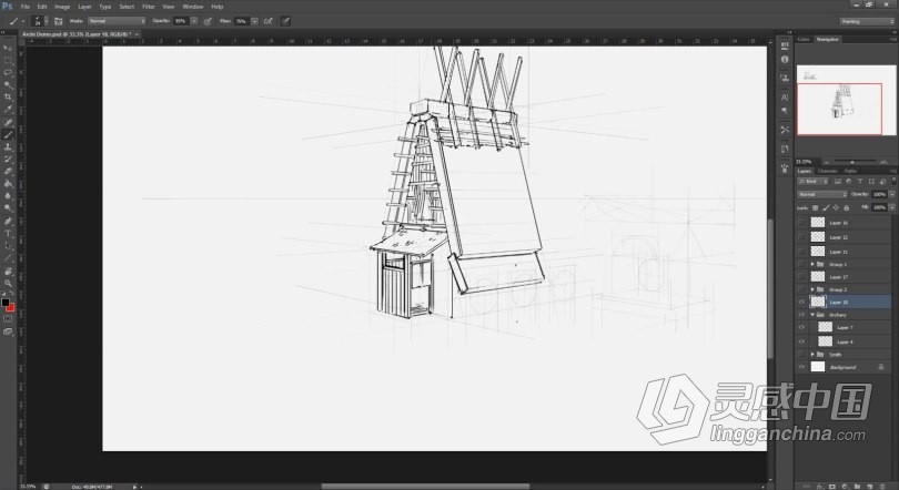 PS教程 PS初学者建筑素描线稿绘制工作流程视频教程  灵感中国网 www.lingganchina.com