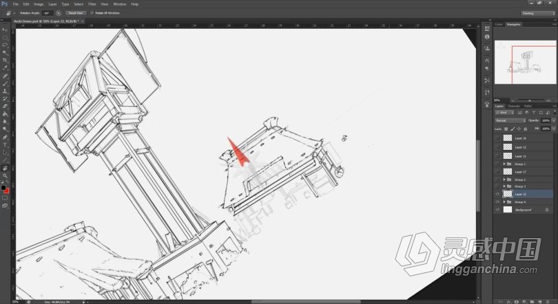 PS教程 PS初学者建筑素描线稿绘制工作流程视频教程  灵感中国网 www.lingganchina.com