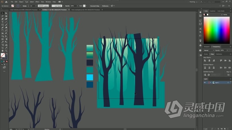 AI教程 Illustrator制作梦幻剪影森林插图视频教程  灵感中国社区 www.lingganchina.com