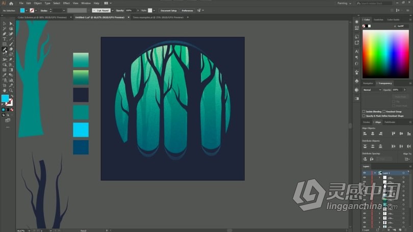 AI教程 Illustrator制作梦幻剪影森林插图视频教程  灵感中国社区 www.lingganchina.com