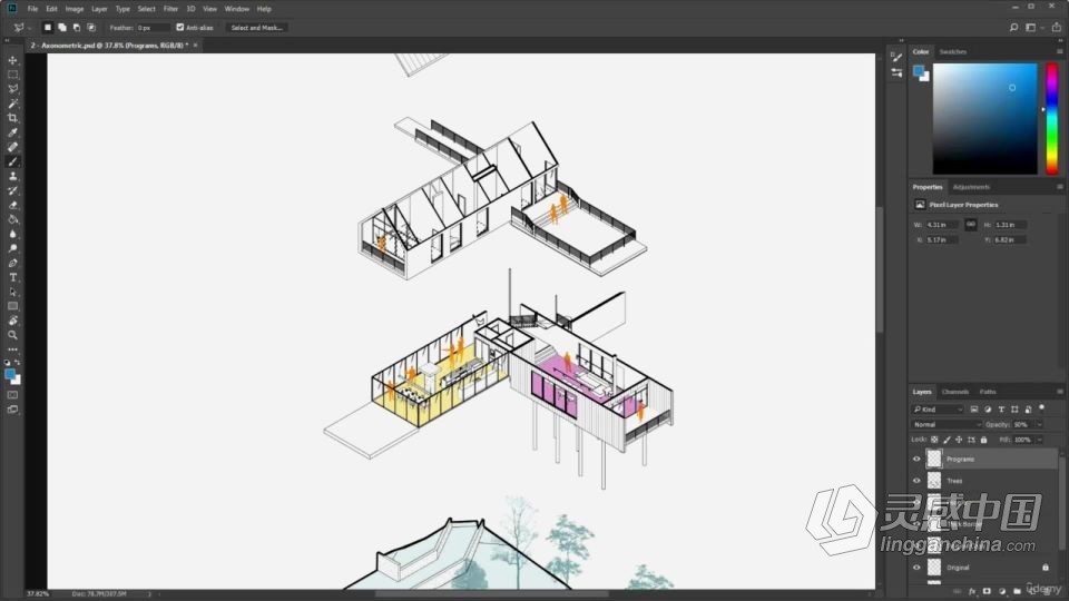 PS建筑图纸渲染绘图制作处理工作流程视频教程  灵感中国社区 www.lingganchina.com