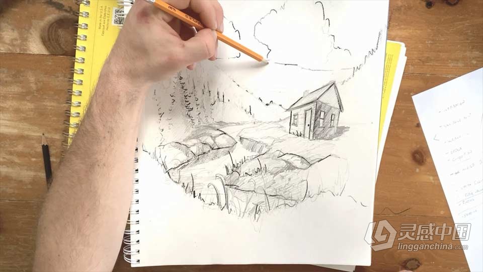 初学者传统绘画素描草图透视绘制技巧过程视频教程  灵感中国网 www.lingganchina.com