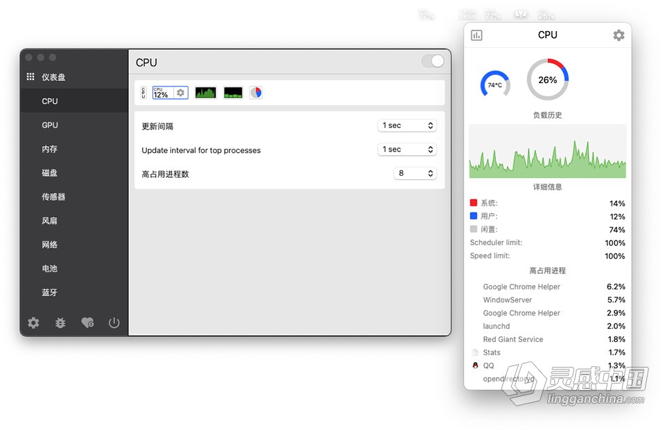 Stats for Mac v2.7.16 中文版 菜单栏系统监视器 免费下载  灵感中国网 www.lingganchina.com