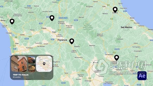 AE模板-时尚创意地图路线旅程坐标位置信息标题动画 Map Route Animations  灵感中国网 www.lingganchina.com