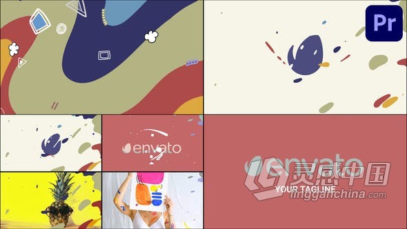 PR模板-彩色卡通液体飞溅波浪元素演绎徽标动画和过渡效果 Wave Logo Reveals And Transitions for Premiere Pro  灵感中国网 www.lingganchina.com