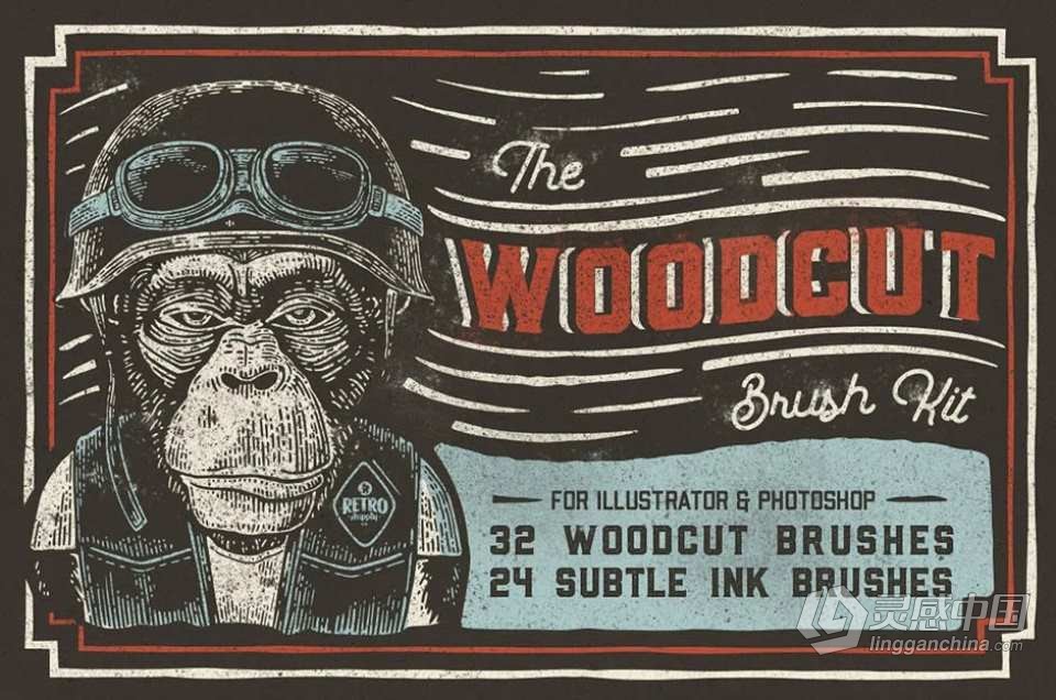 木刻版画雕刻纹理逼真效果PS/AI笔刷 The Woodcut Brush Kit For Adobe Illustrator  灵感中国网 www.lingganchina.com