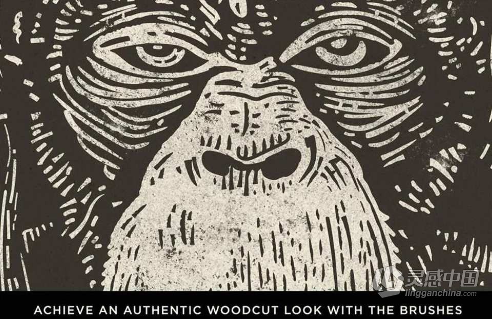 木刻版画雕刻纹理逼真效果PS/AI笔刷 The Woodcut Brush Kit For Adobe Illustrator  灵感中国网 www.lingganchina.com